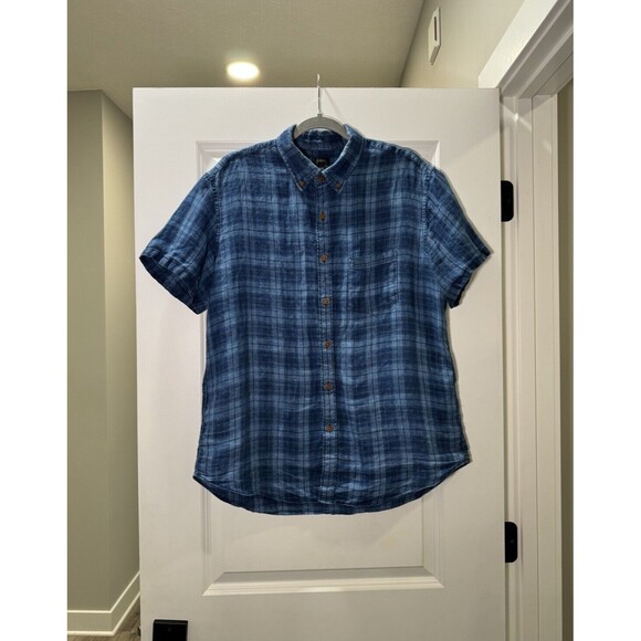 J. Crew Button Up Shirt Mens Large Blue Plaid Baird McNutt Irish Linen Classic - Picture 2 of 8